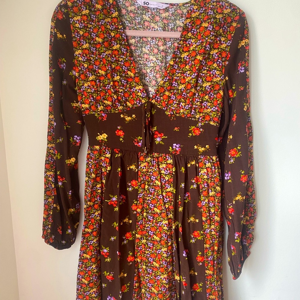 SO Size M Long Sleeve Brown Floral Boho Mini Dress